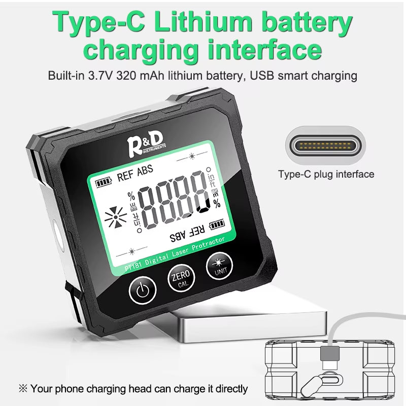 R&D PT180 PT181 Laser Digital Protractor Angle Measure Inclinometer 3 in 1 Laser Level Box Type-C Charging Angle Meter for Home