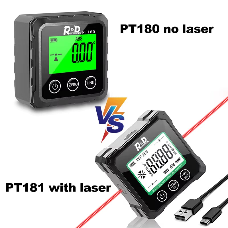 R&D PT180 PT181 Laser Digital Protractor Angle Measure Inclinometer 3 in 1 Laser Level Box Type-C Charging Angle Meter for Home