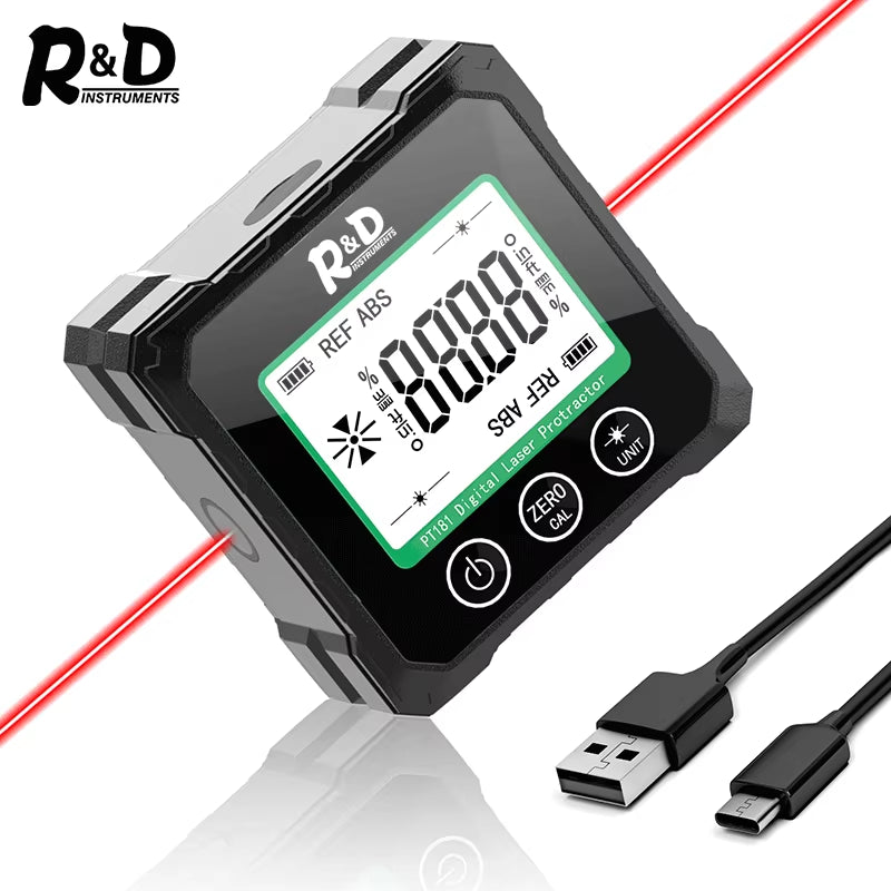 R&D PT180 PT181 Laser Digital Protractor Angle Measure Inclinometer 3 in 1 Laser Level Box Type-C Charging Angle Meter for Home